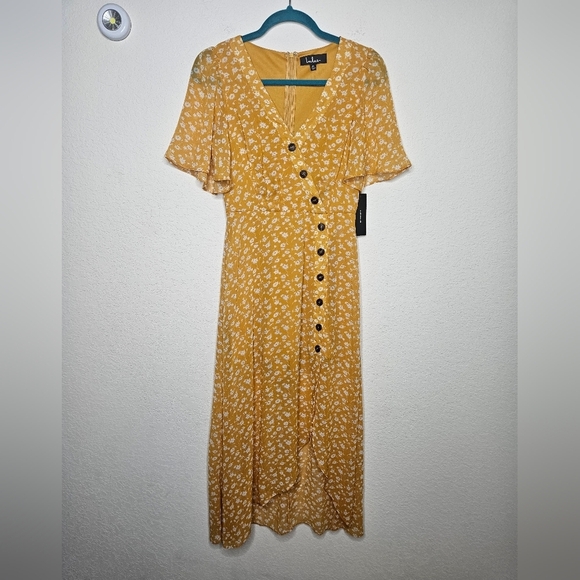 NWT Lulu's After-Bloom Delight Golden Yellow Ditsy Floral Print Midi Dress XS - Picture 4 of 16